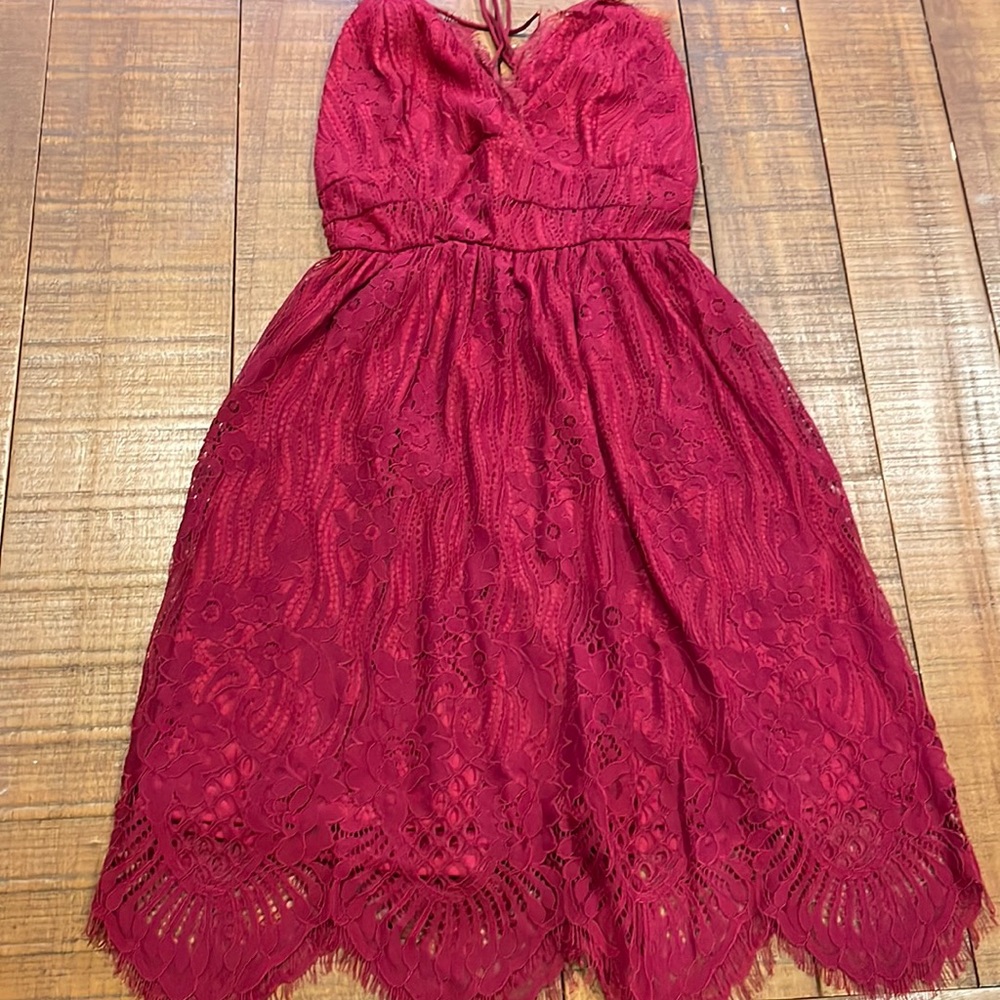 NWT Maroon Eyelash Lace Tie-up Back Dress - XS